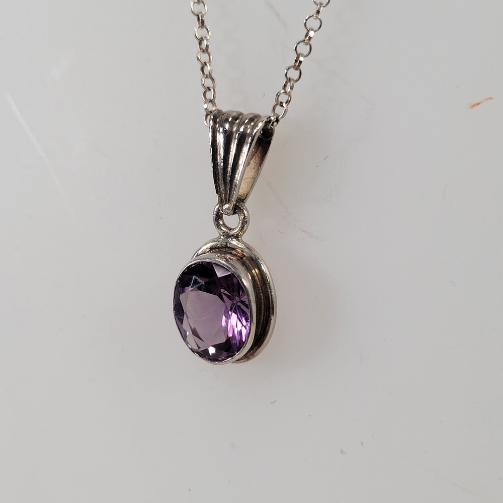 Sterling Silver Amethyst Pendant Necklace 16" Bezel Set Oval 925
